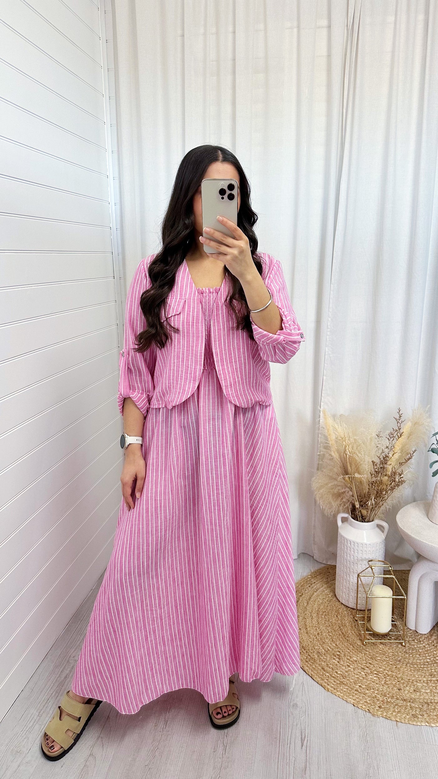 Pinstripe Linen Jacket and Dress Set - PINK