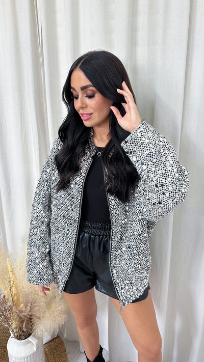 Tweed Sequin Bomber Jacket - SILVER