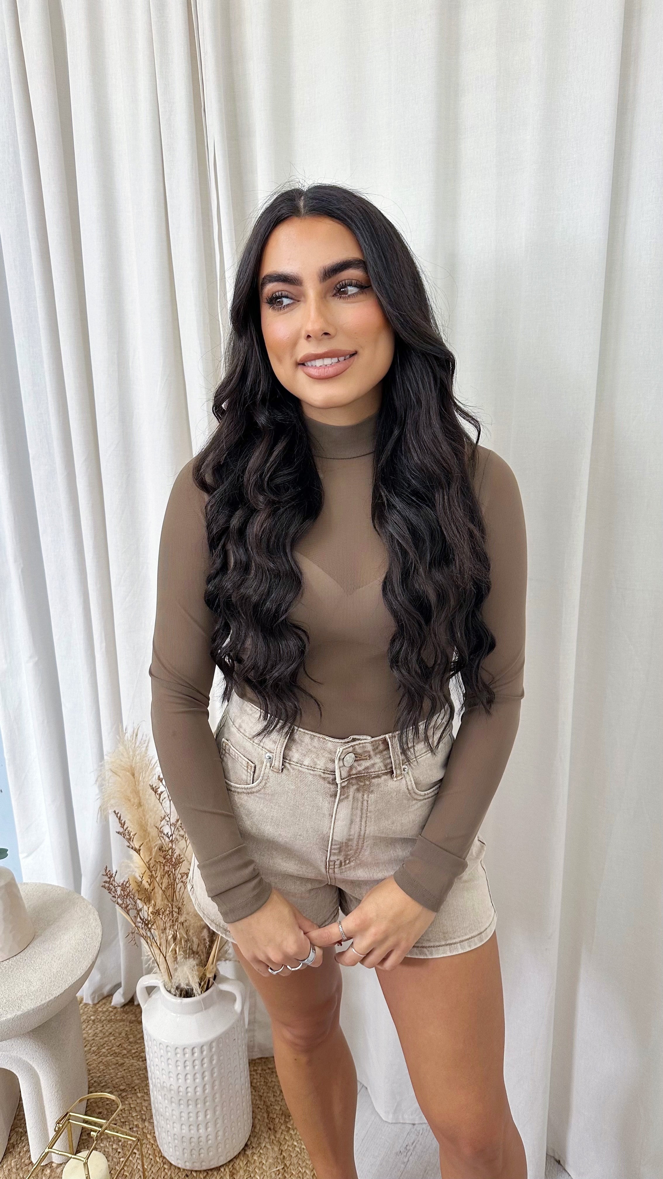 Plain Mesh Long Sleeve Bodysuit - TAUPE