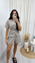 Cinched Gold Button Top and Shorts Co-Ord - MOCHA