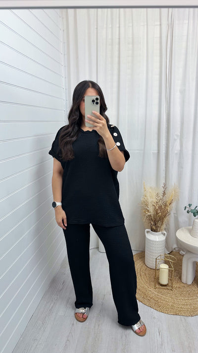 Cheesecloth Gold Button T-Shirt and Trousers Co-Ord - BLACK
