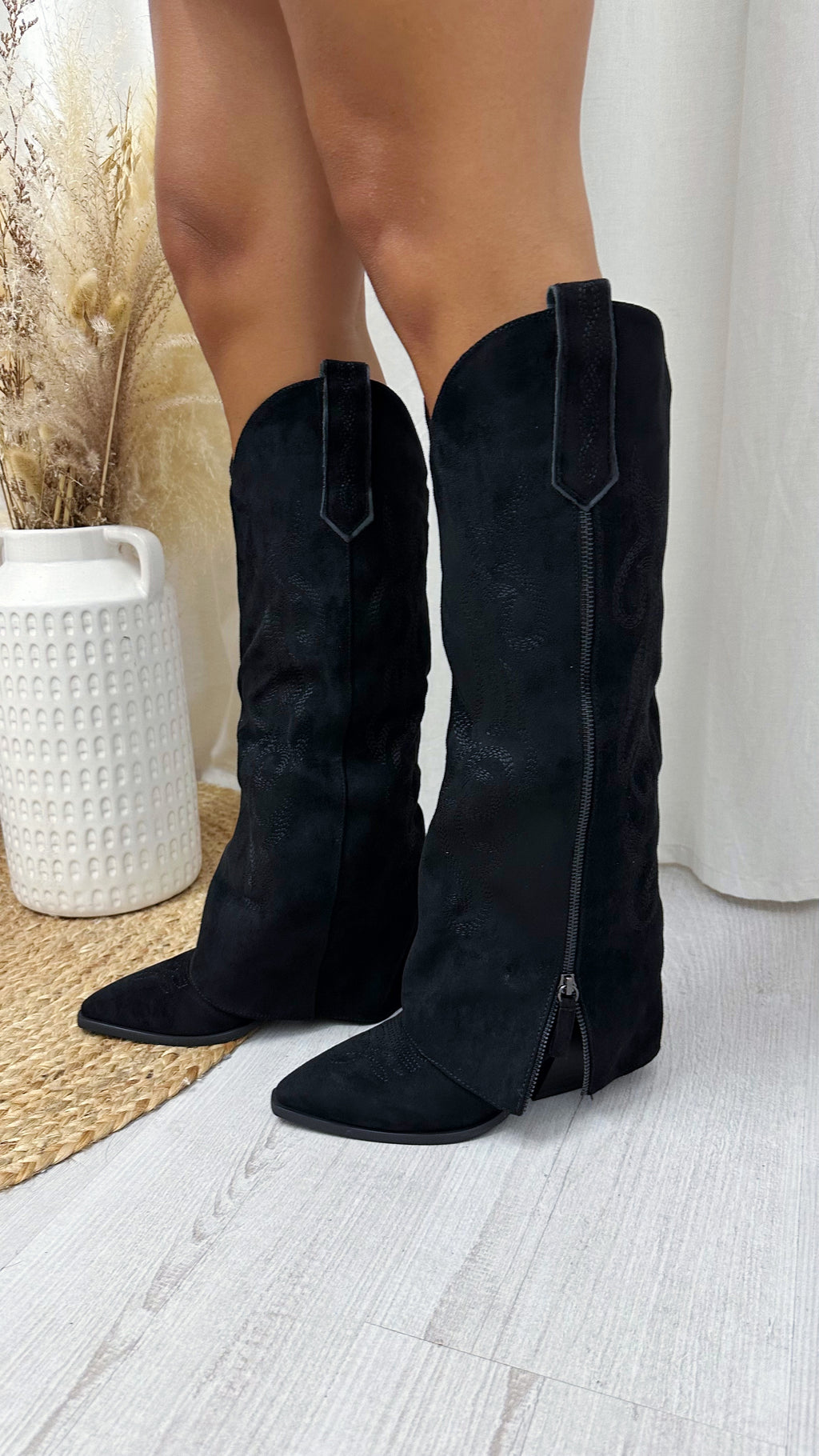 Knee High Embroidered Fold Over Cowboy Boots - BLACK