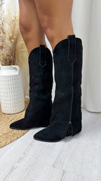 Knee High Embroidered Fold Over Cowboy Boots - BLACK
