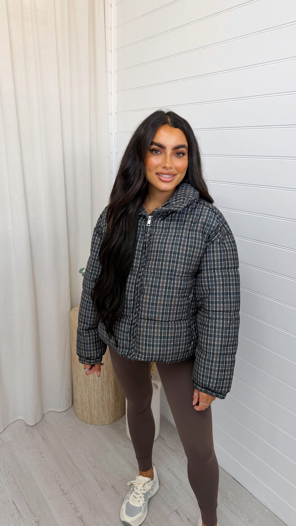 Check Puffer Jacket - NAVY/BROWN