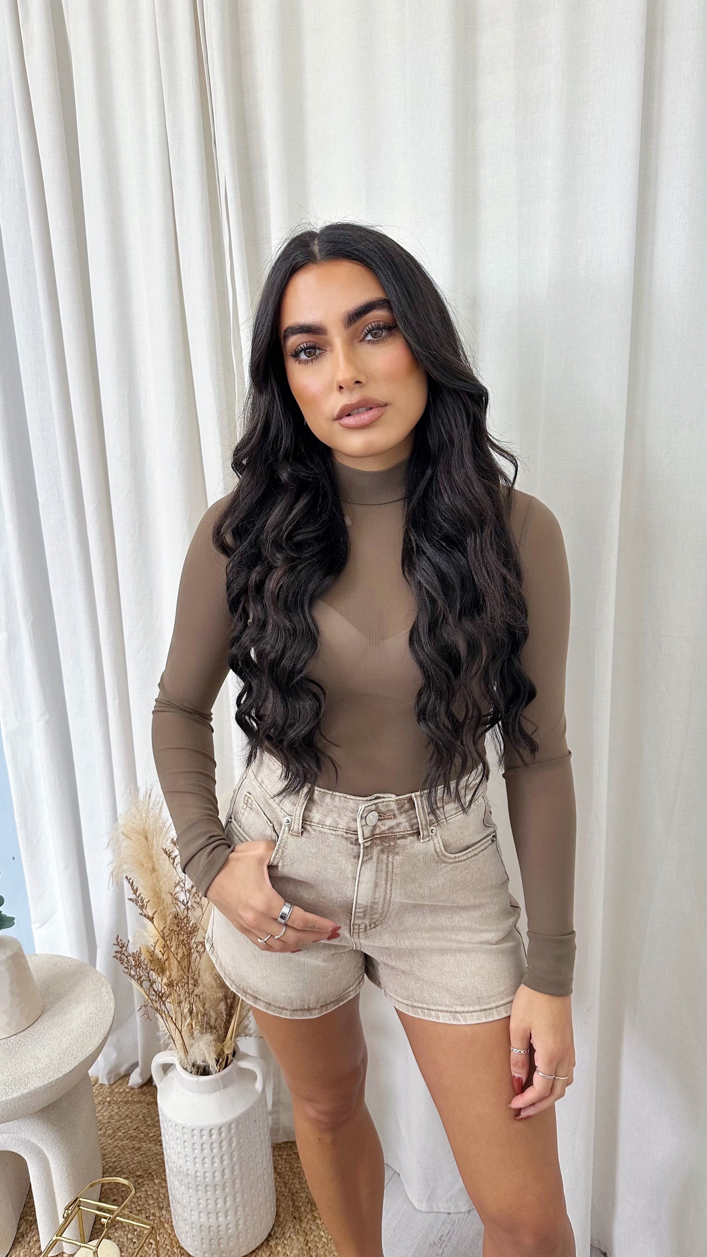Plain Mesh Long Sleeve Bodysuit - TAUPE