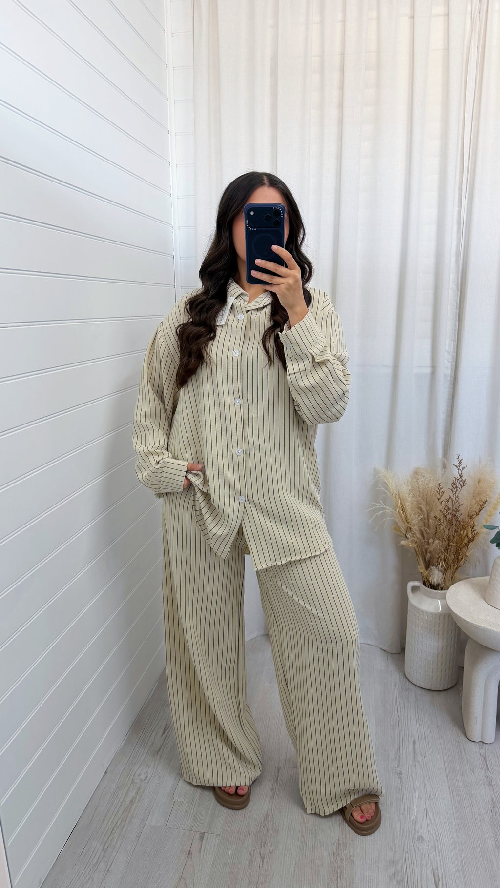 Oversized Pinstripe Shirt and Trousers Co-Ord - BEIGE