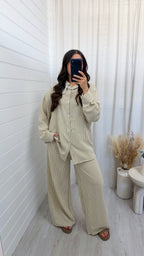 Oversized Pinstripe Shirt and Trousers Co-Ord - BEIGE
