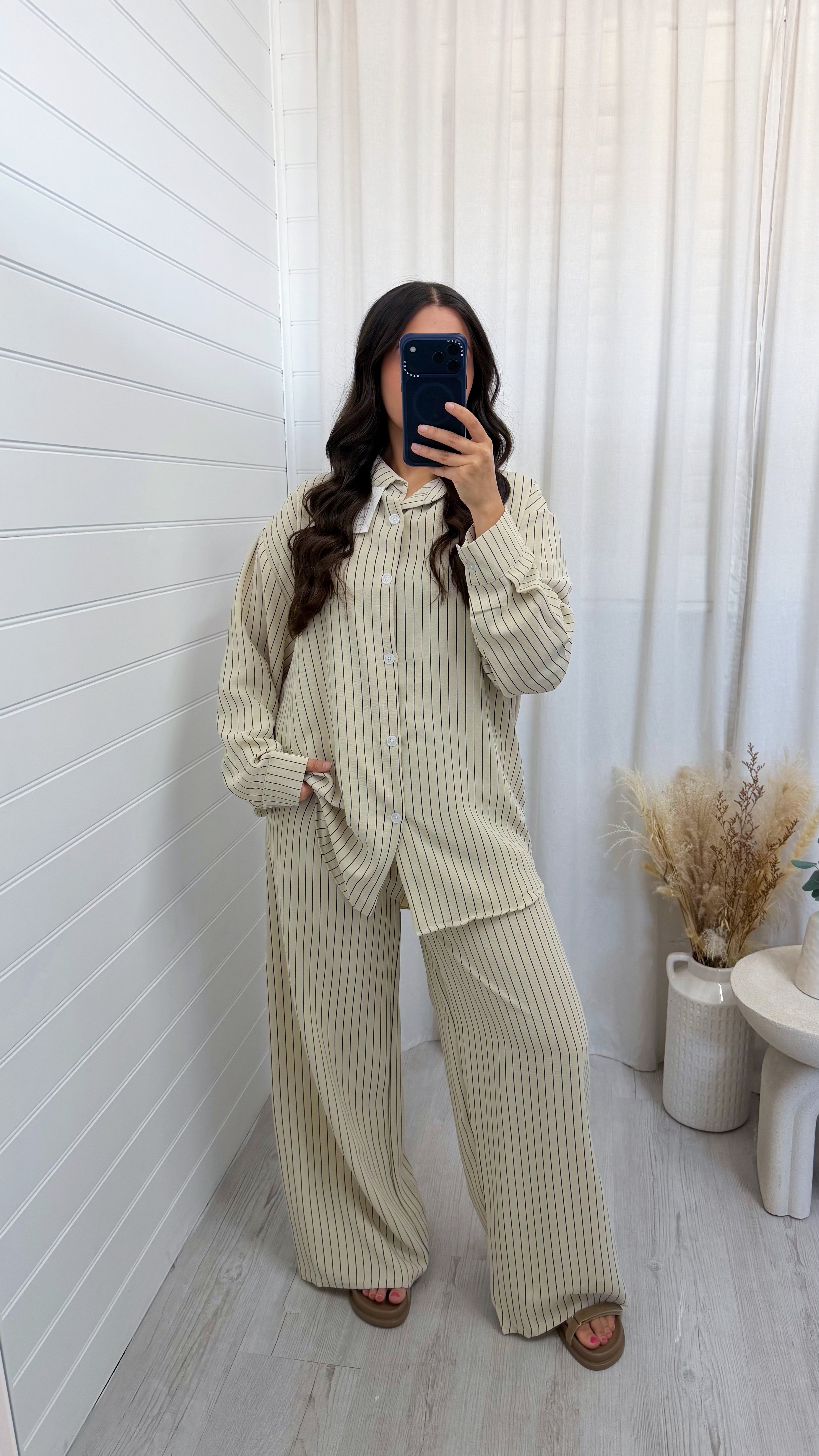 Oversized Pinstripe Shirt and Trousers Co-Ord - BEIGE