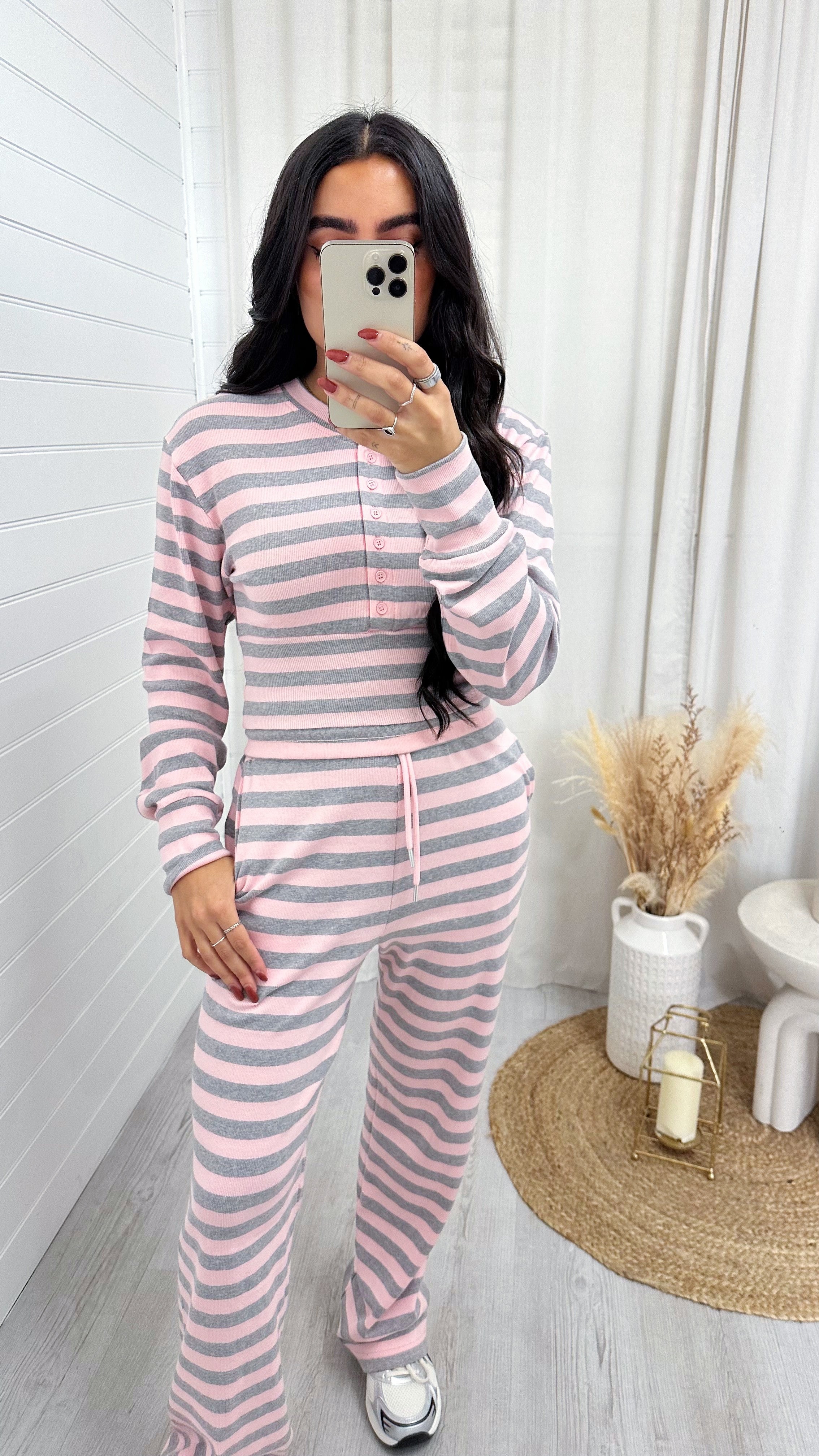 Striped Cinch Crop Top and Trousers Rib Co-Ord - PINK/GREY