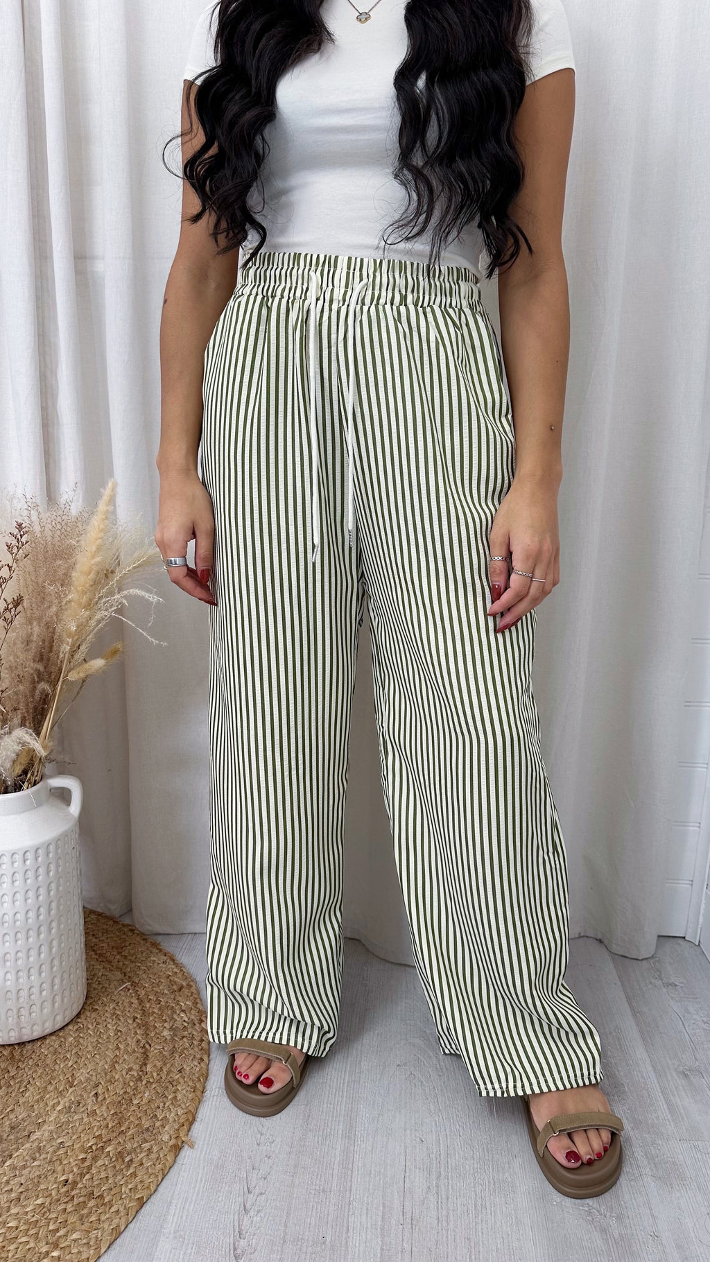 Relaxed Pinstripe Trousers - GREEN