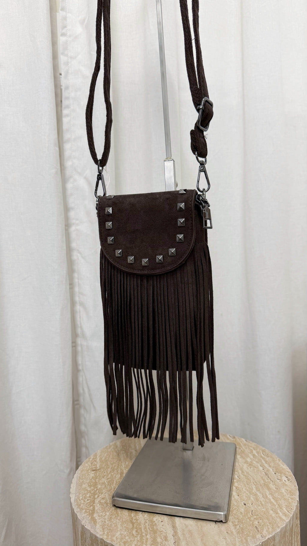 Suede Fringe Mini Cross Body Bag - BROWN