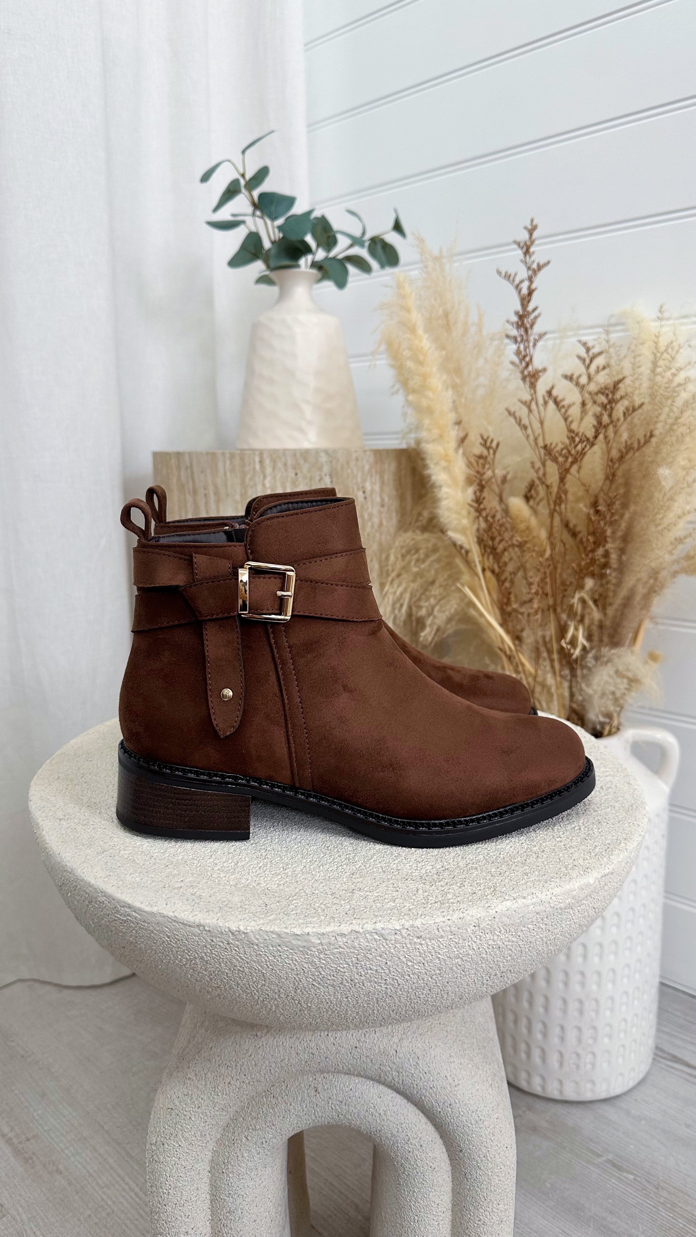 Suede Buckle Ankle Boots - TAN