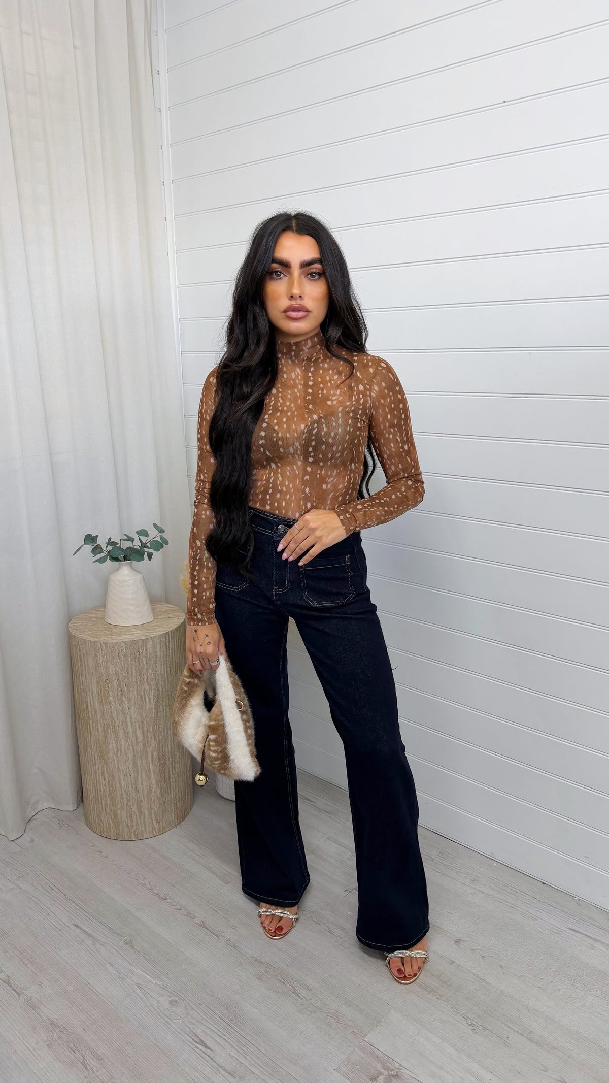 Deer Print Mesh Bodysuit - CARAMEL