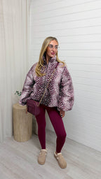 Deer Print Puffer Jacket - BURGUNDY