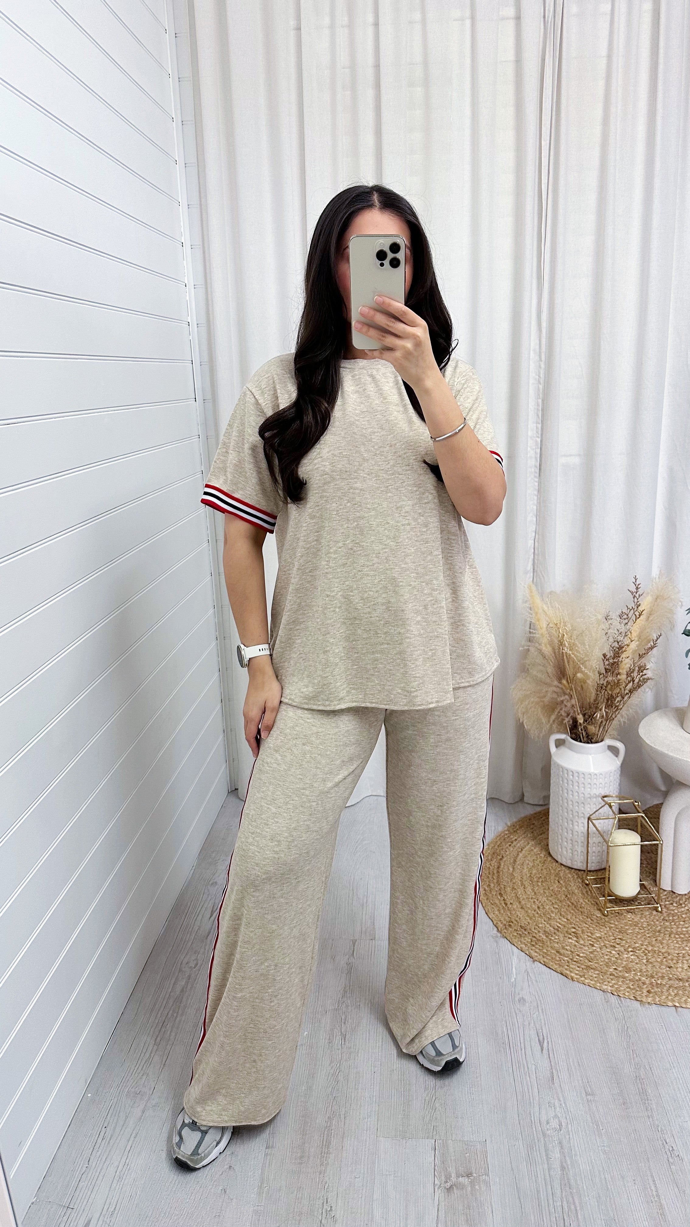 Soft Ribbed Side Strip T-Shirt and Trousers Co-Ord - SAND