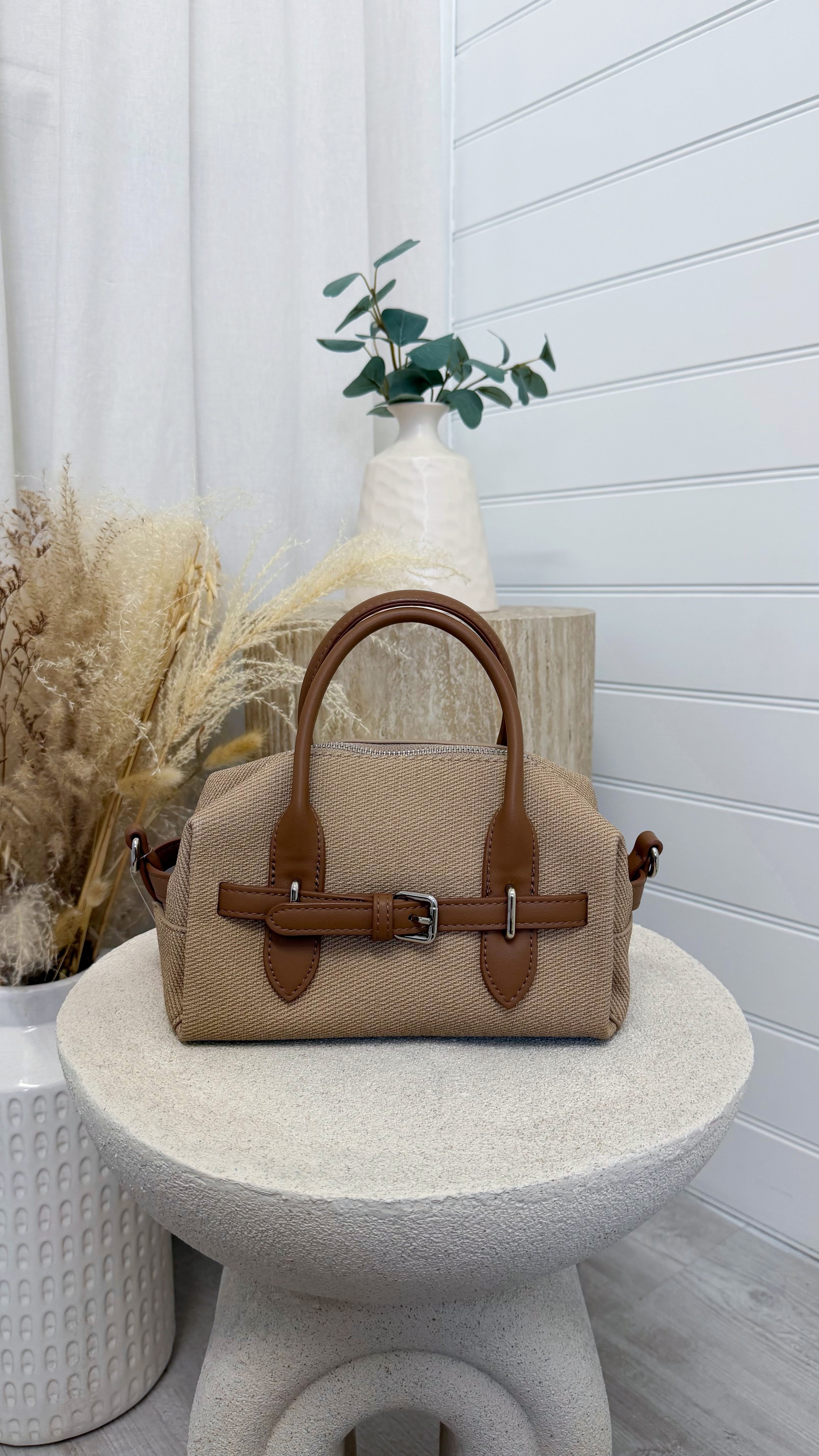 Textured Canvas Belt-Detail Handbag - BEIGE