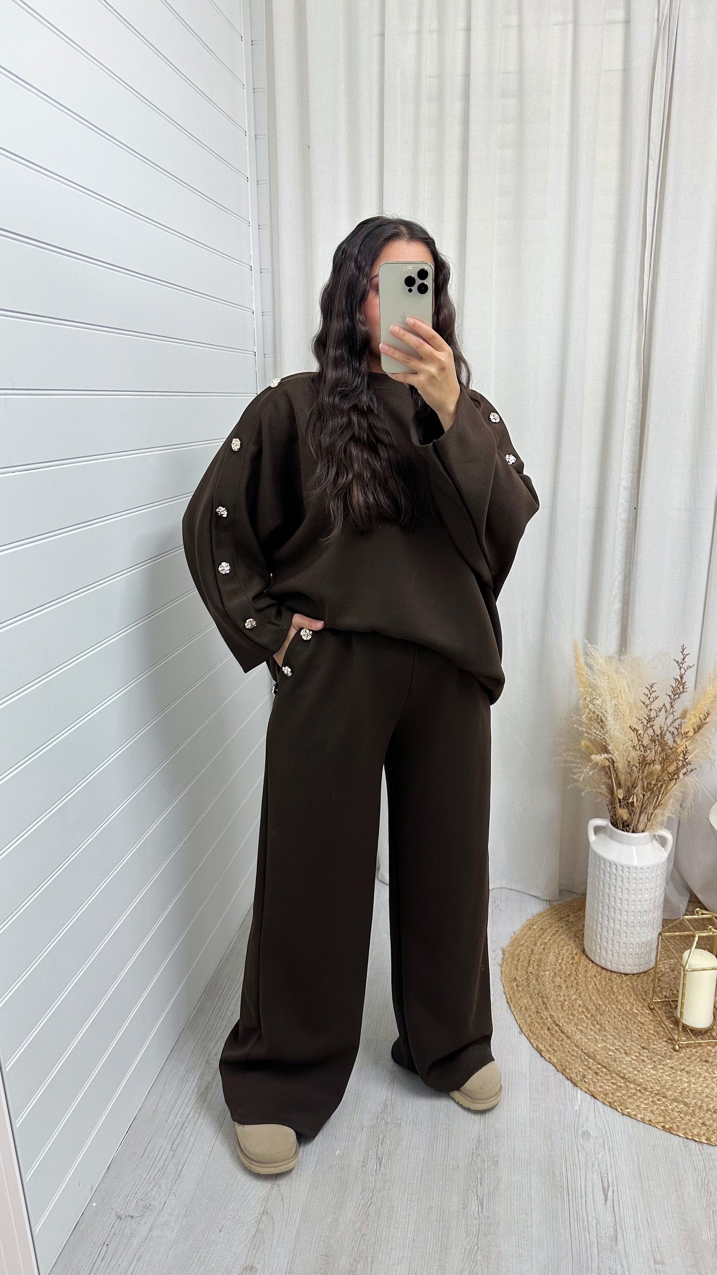 Long Sleeve Gold Button Detail Top and Trousers Co-Ord - BROWN