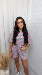 Oversized Stripe T-Shirt and Shorts Co-Ord - GREY