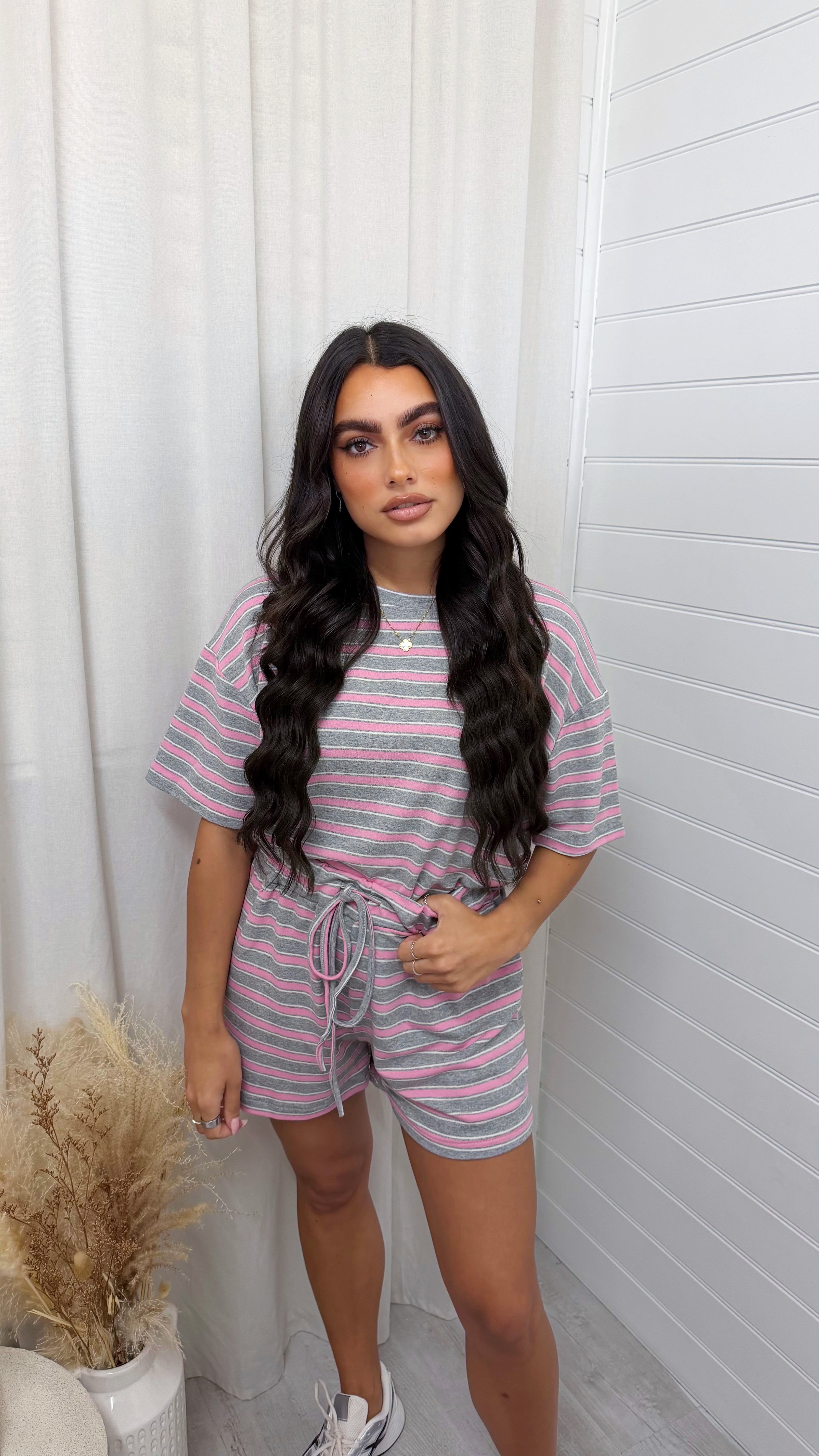 Oversized Stripe T-Shirt and Shorts Co-Ord - GREY