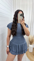 Frill Sleeve Top and Frill Ruched Skirt Co-Ord - DENIM BLUE