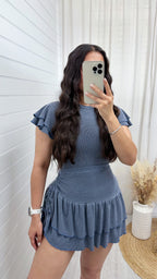 Frill Sleeve Top and Frill Ruched Skirt Co-Ord - DENIM BLUE