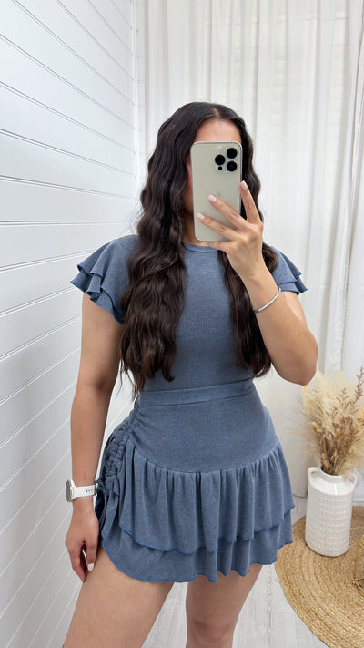 Frill Sleeve Top and Frill Ruched Skirt Co-Ord - DENIM BLUE