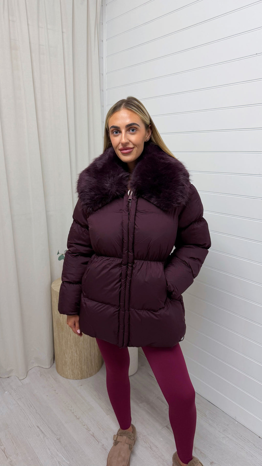 Luxe Faux Fur Collar Puffer Coat - BURGUNDY
