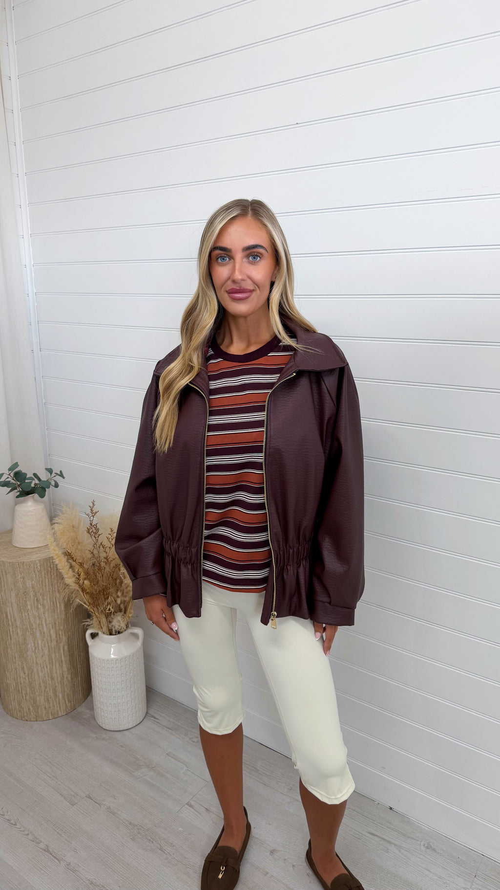 Cinch Waist Peplum Leather Jacket - BURGUNDY