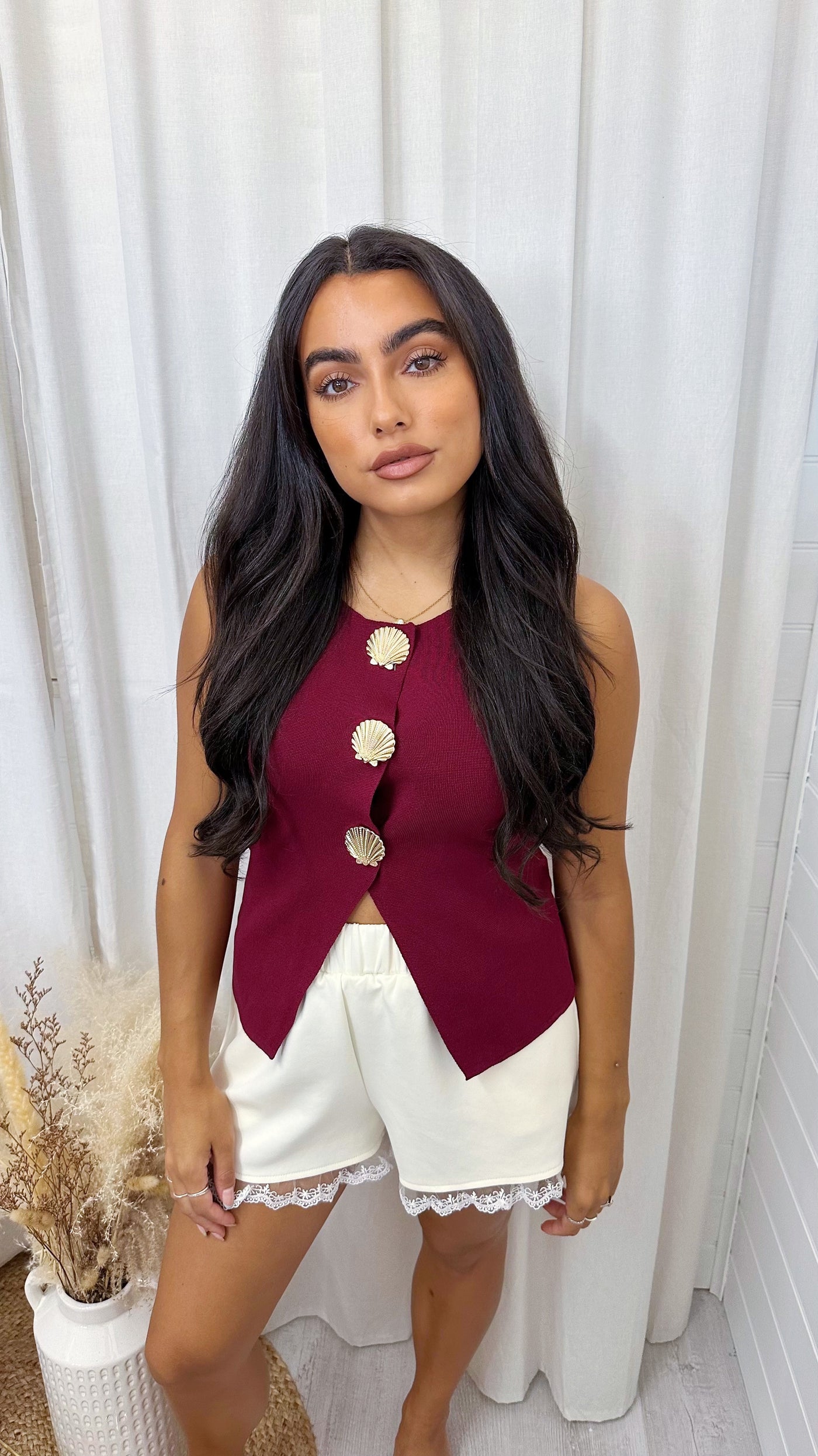 Seashell Fine Knit Waistcoat - BURGUNDY