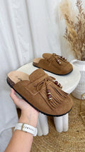Beaded Tassel Suede Mules - CAMEL