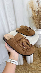 Beaded Tassel Suede Mules - CAMEL