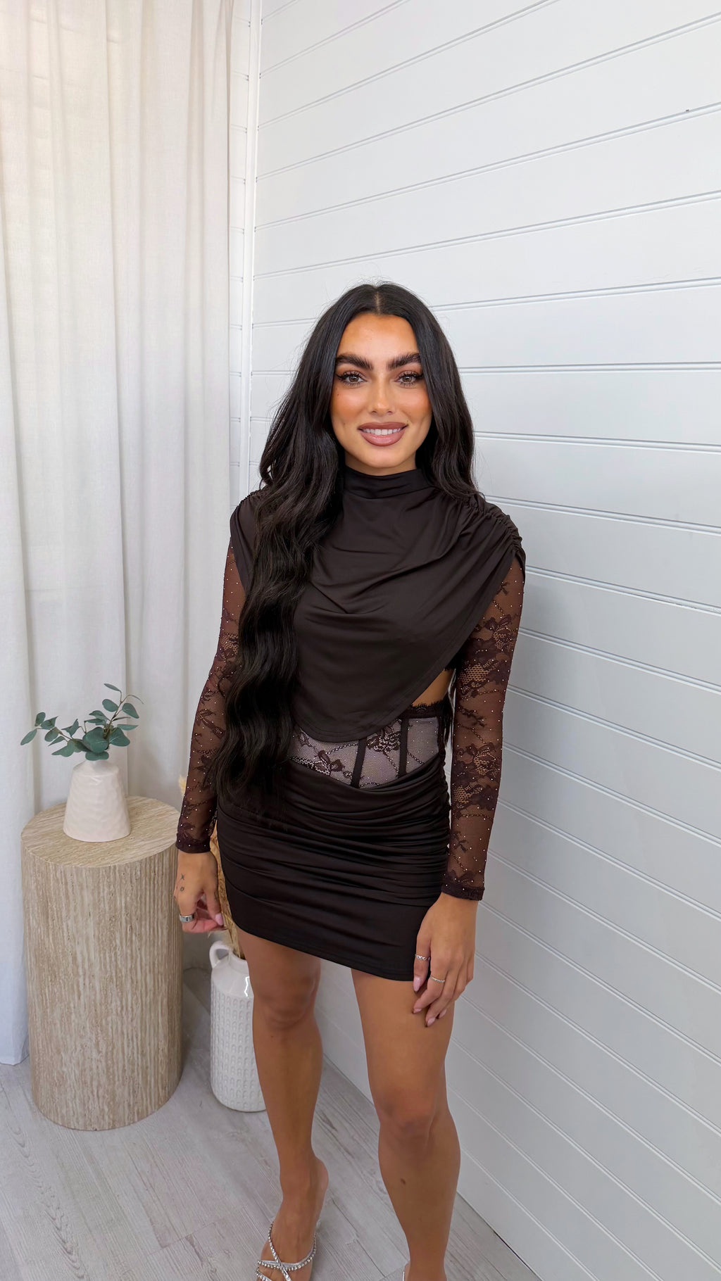 Lace Insert Top and Corset Ruched Skirt Co-Ord - BROWN