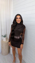 Lace Insert Top and Corset Ruched Skirt Co-Ord - BROWN