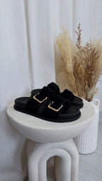 Gold Buckle Double Strap Suede Sliders - BLACK