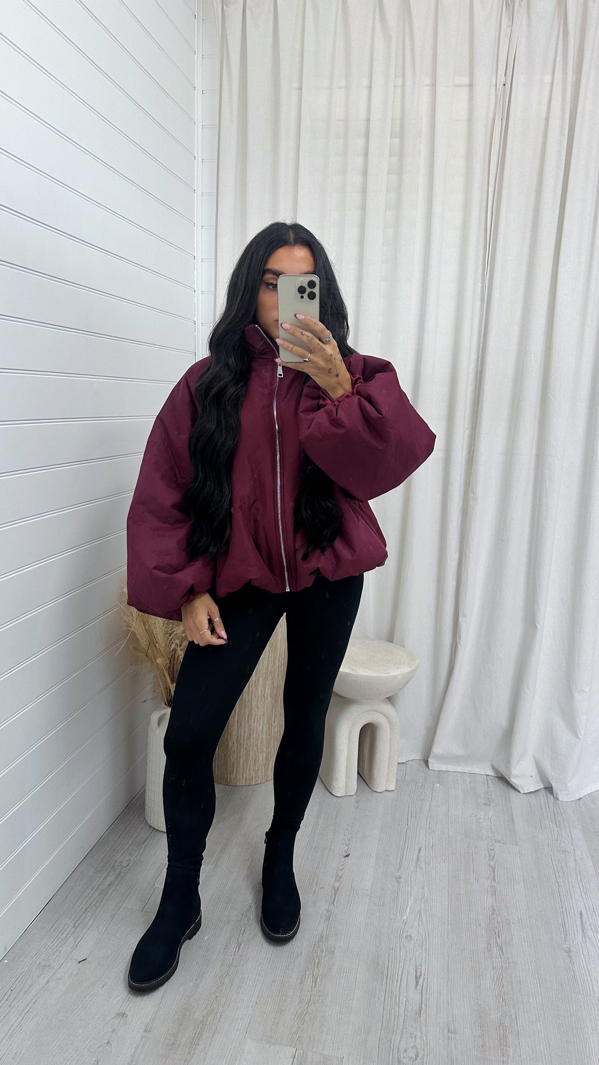 Balloon Sleeve Puffer Jacket - BURGUNDY