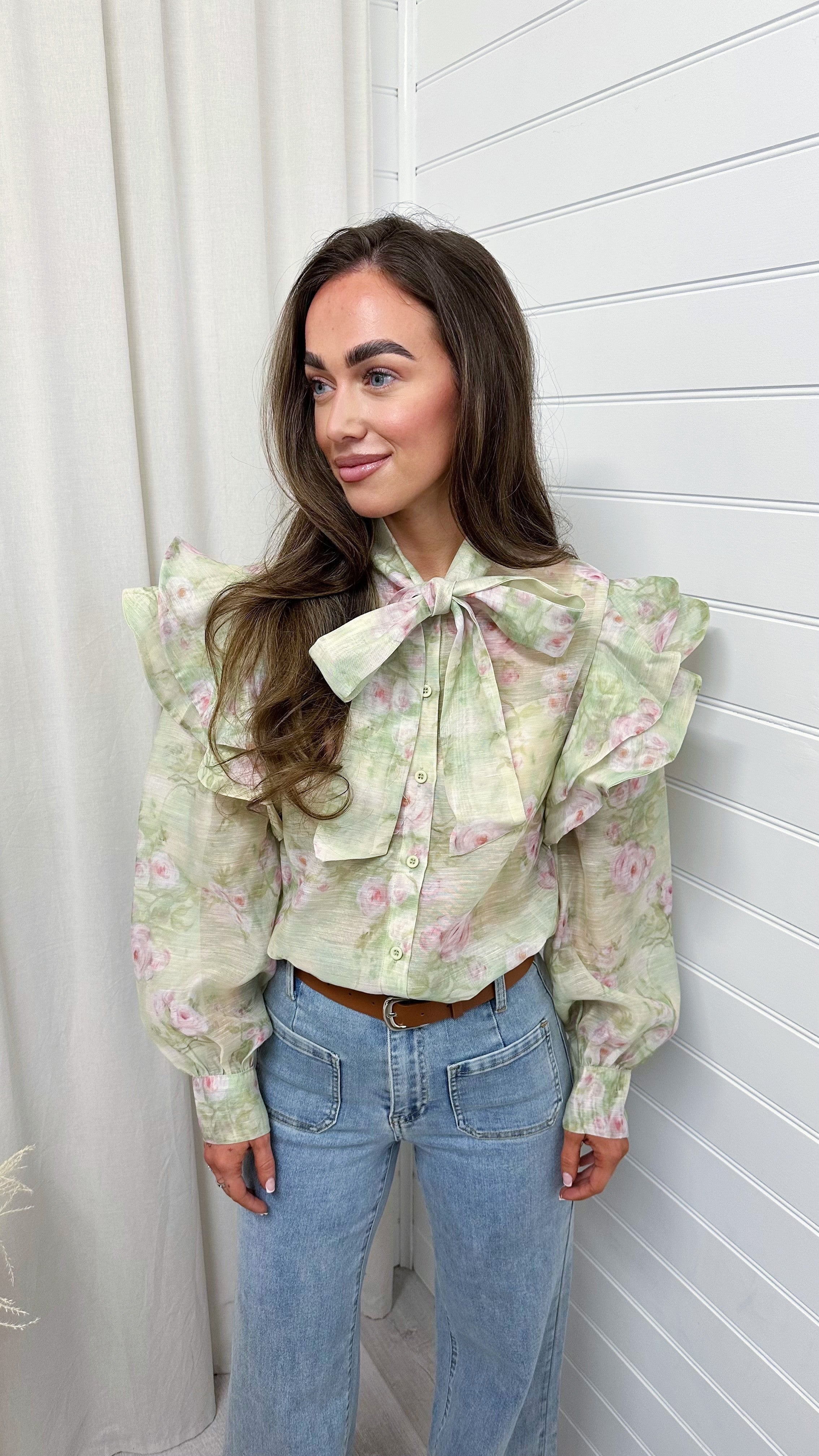 Frill Shoulder Sheer Floral Shirt - GREEN