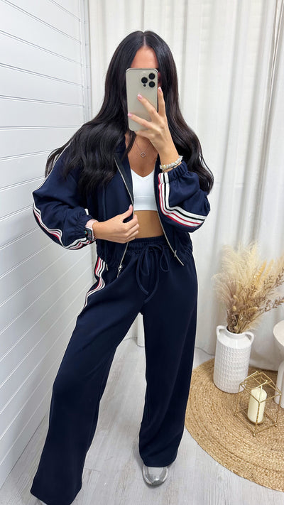 Retro Side Stripe Bomber Jacket and Joggers Tracksuit - NAVY