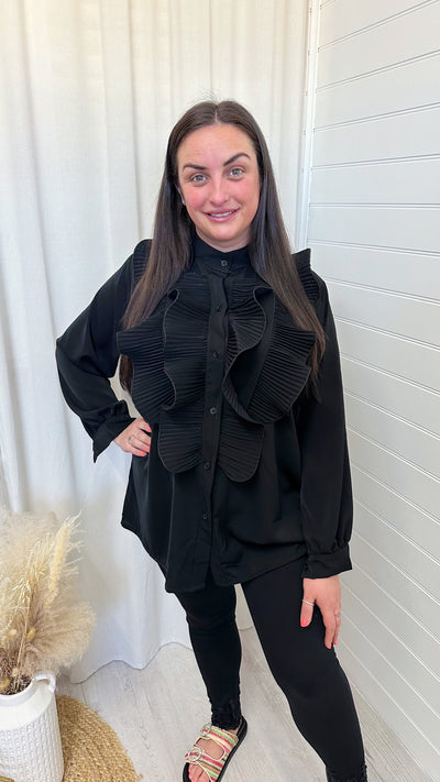 PLUS Pleated Frill Long Sleeve Blouse - BLACK