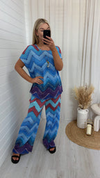 Zig Zag Pleated Top and Trousers Co-Ord - BLUE