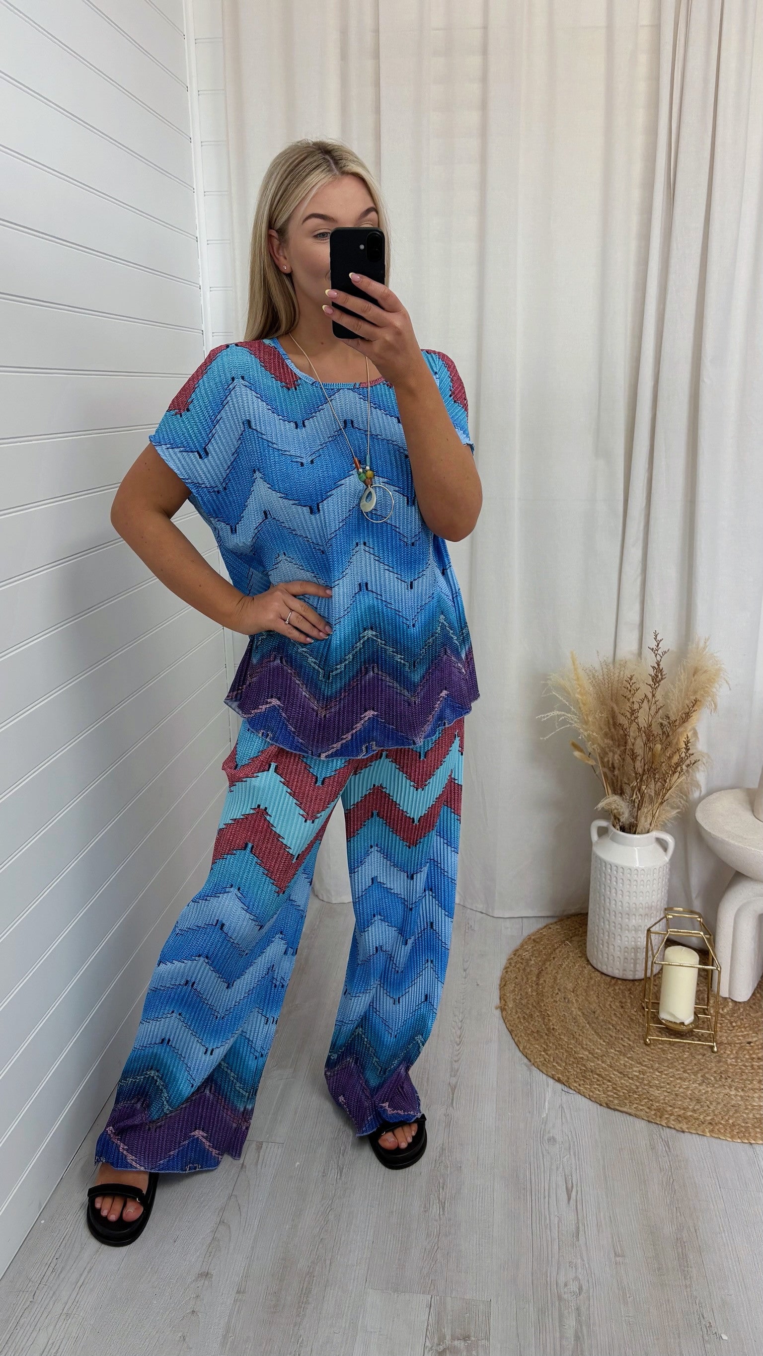 Zig Zag Pleated Top and Trousers Co-Ord - BLUE