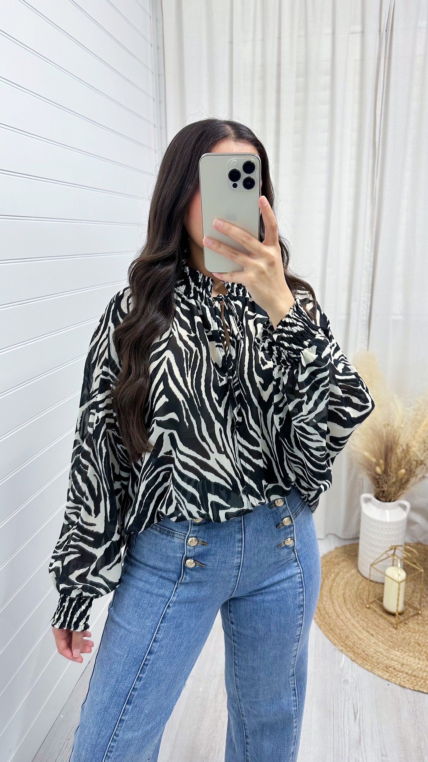 Shirred Collar Animal Print Balloon Sleeve Blouse - ZEBRA PRINT