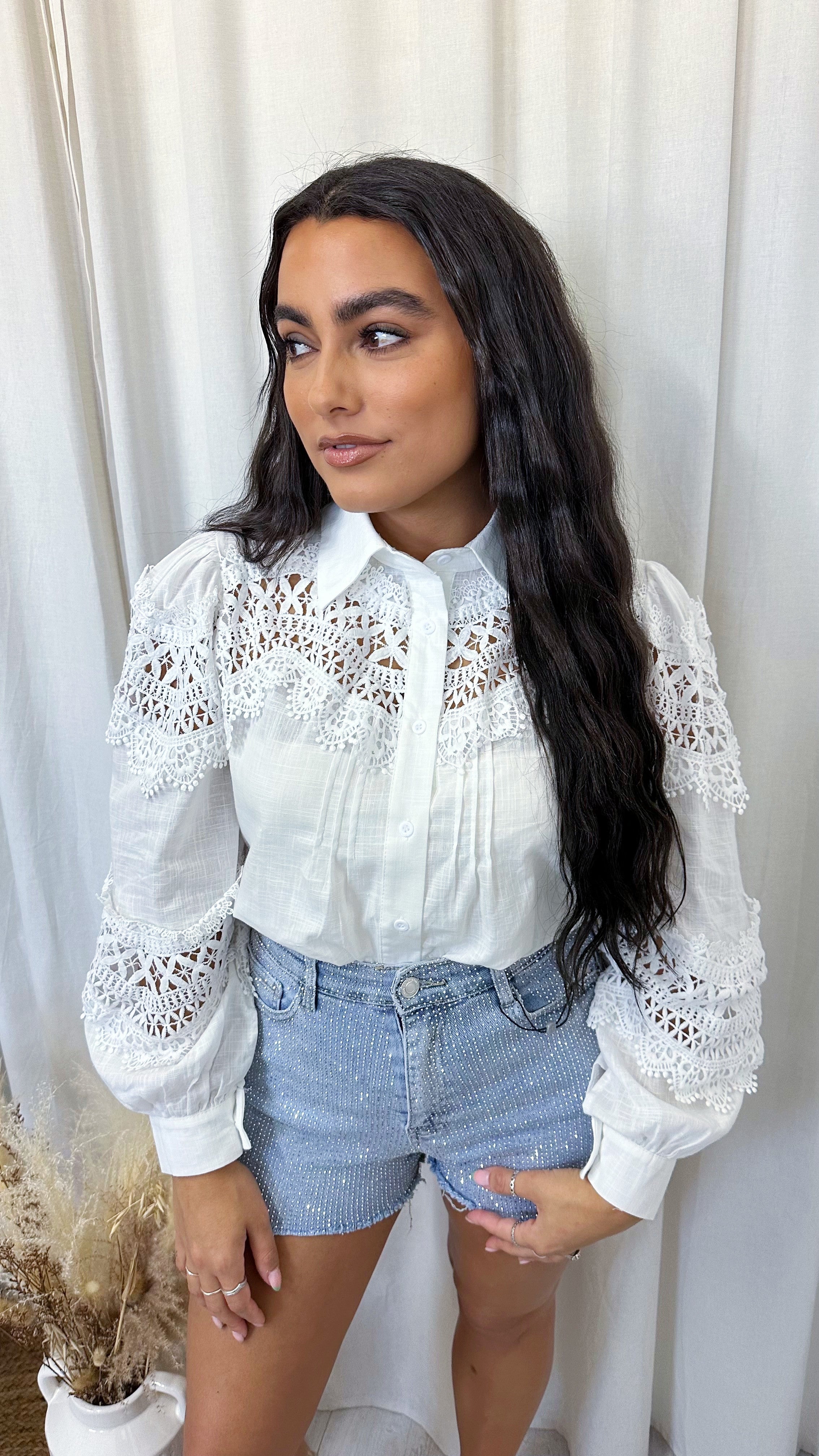 Embroidered Lace Cotton Shirt - WHITE