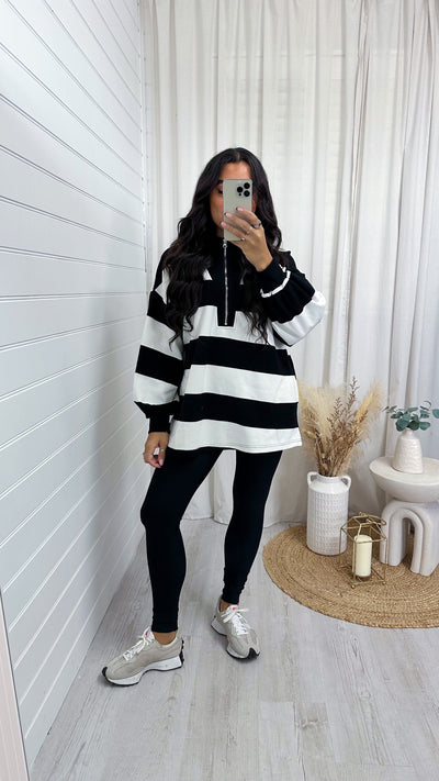 Stripey Block Colour Half Zip Sweatshirt - BLACK