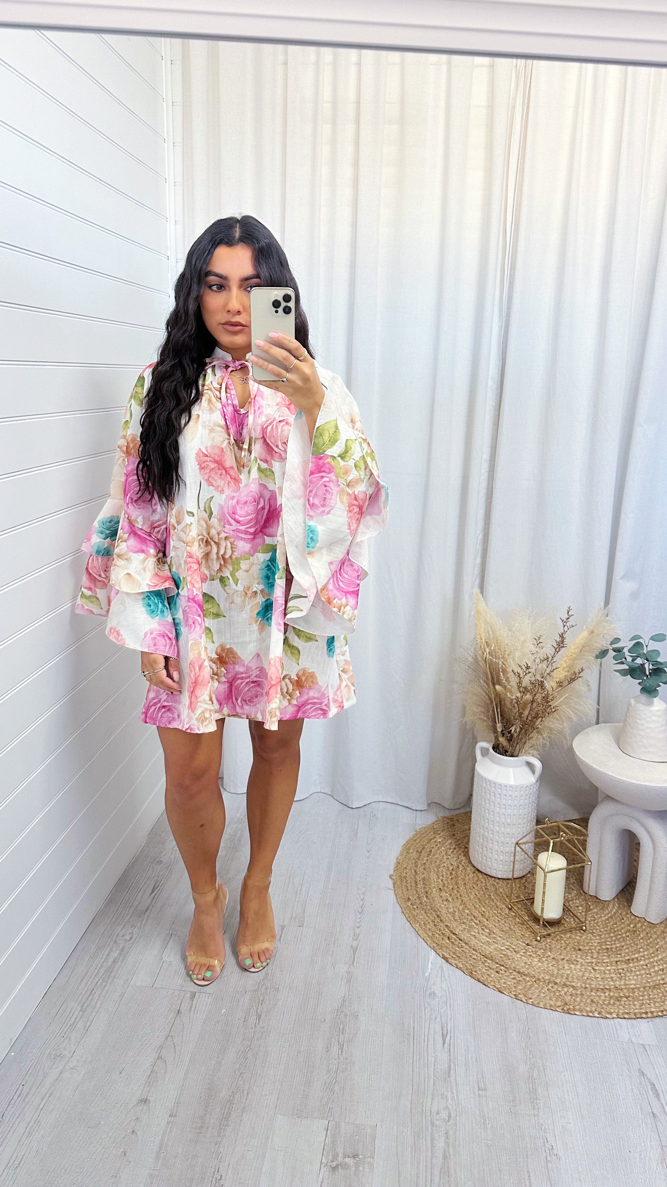 Floral A Line Frill Sleeve Dress - PINK – Altoria