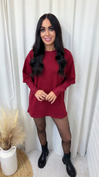 Mesh Sleeve Rhinestone Oversized T-Shirt - CHERRY RED