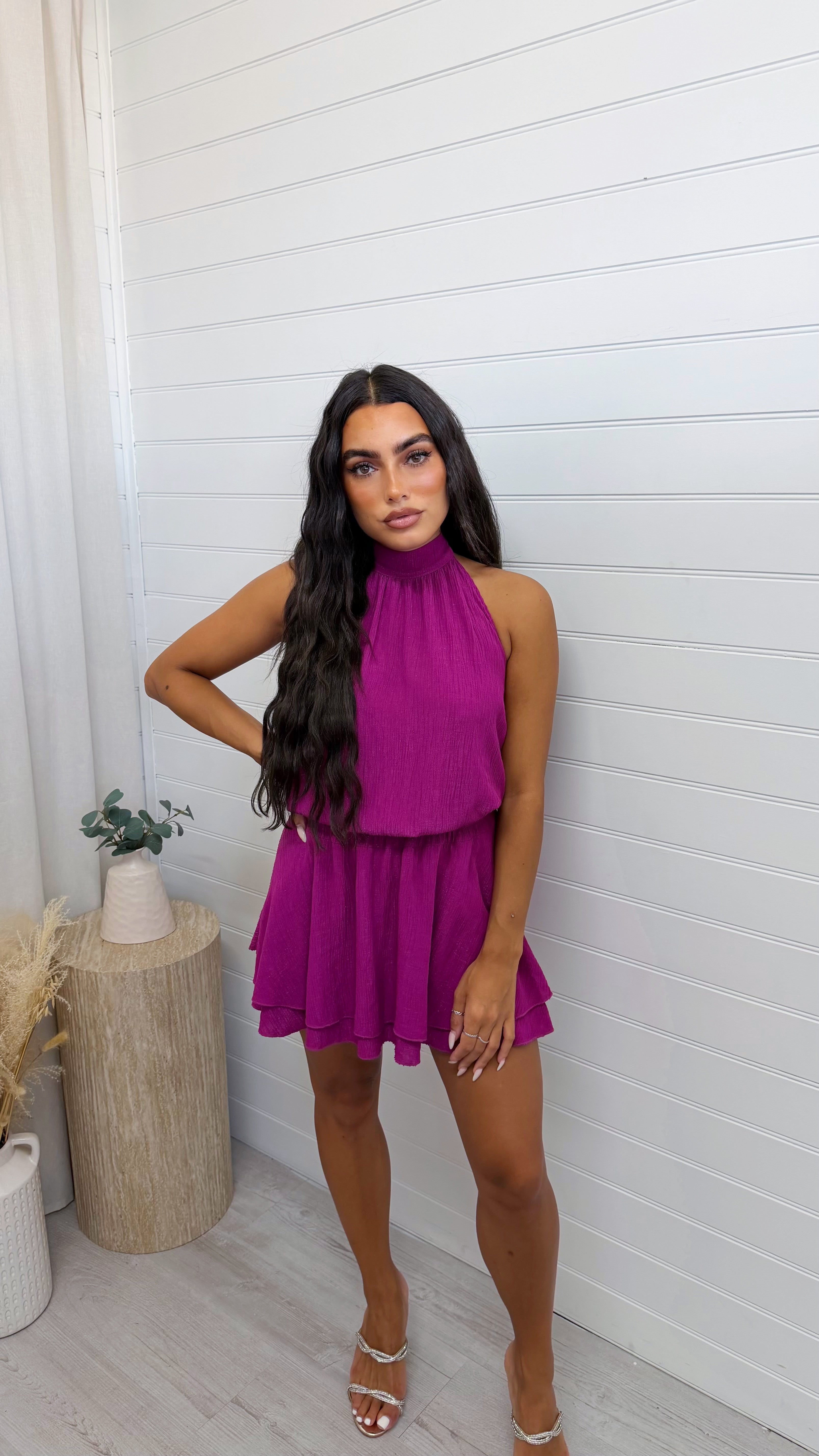 Halter Neck Frill Dress - PURPLE