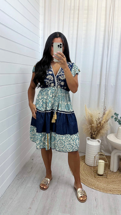 Frill Shoulder V Neck Boho Dress - DENIM BLUE