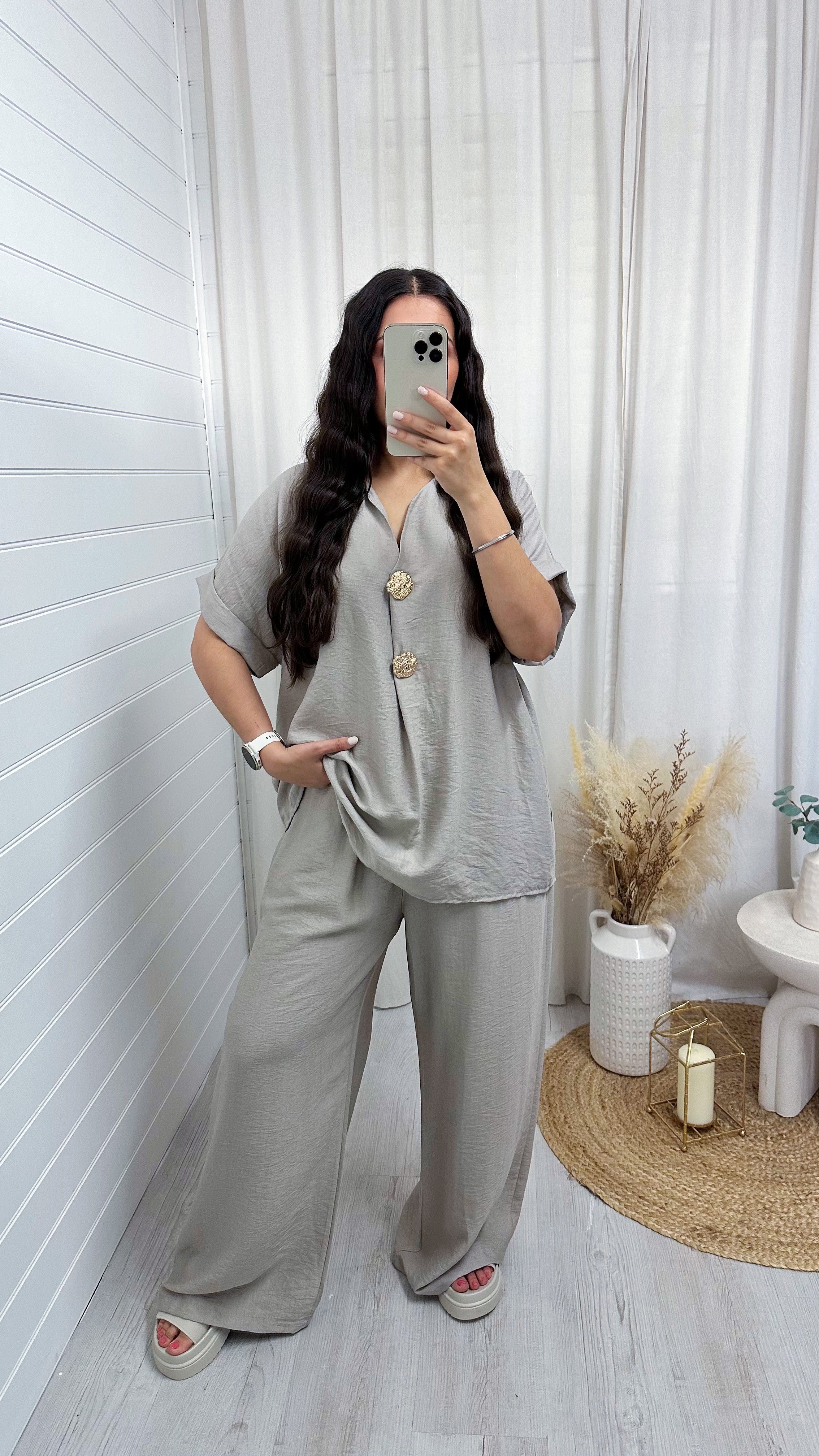 Gold Button V Neck Top and Wide Leg Trousers Co-Ord - DOVE GREY