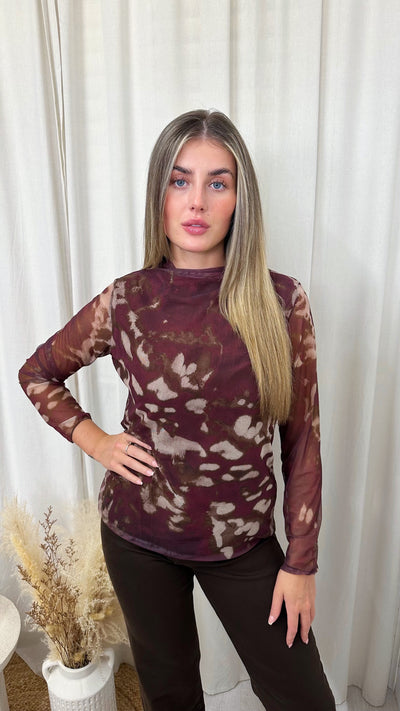 Long Sleeve Gathered Mesh Top - WINE