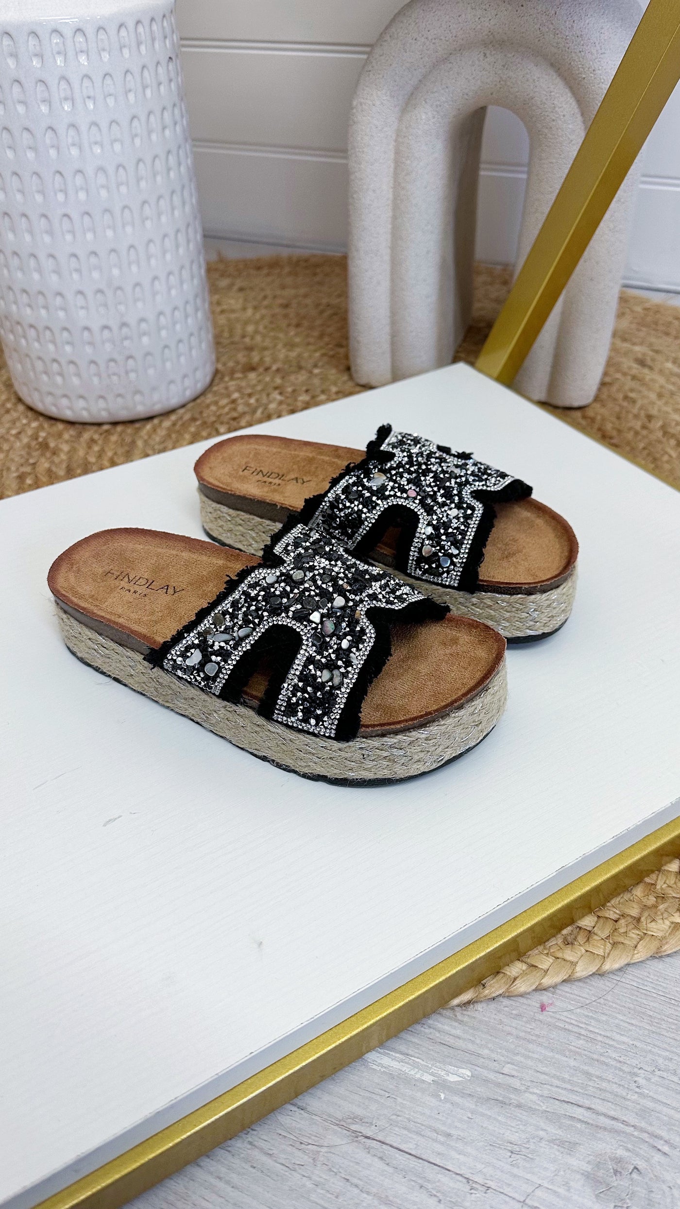 Embellished Espadrille Frayed Sliders - BLACK